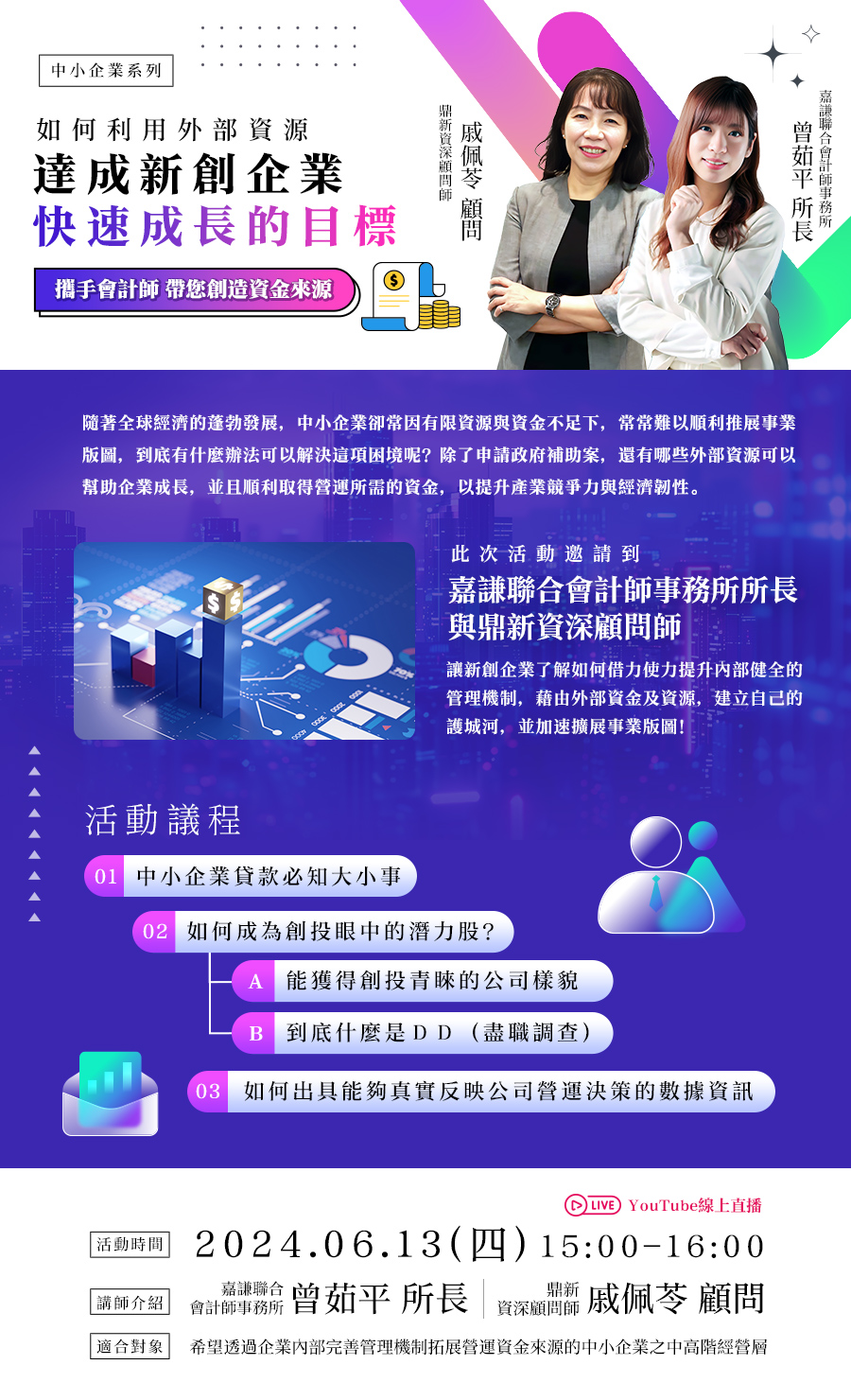 「《中小企業系列》如何利用外部資金及資源,達成新創企業快速成長的目標  攜手會計師帶您創造資金來源《」的活動說明圖片。